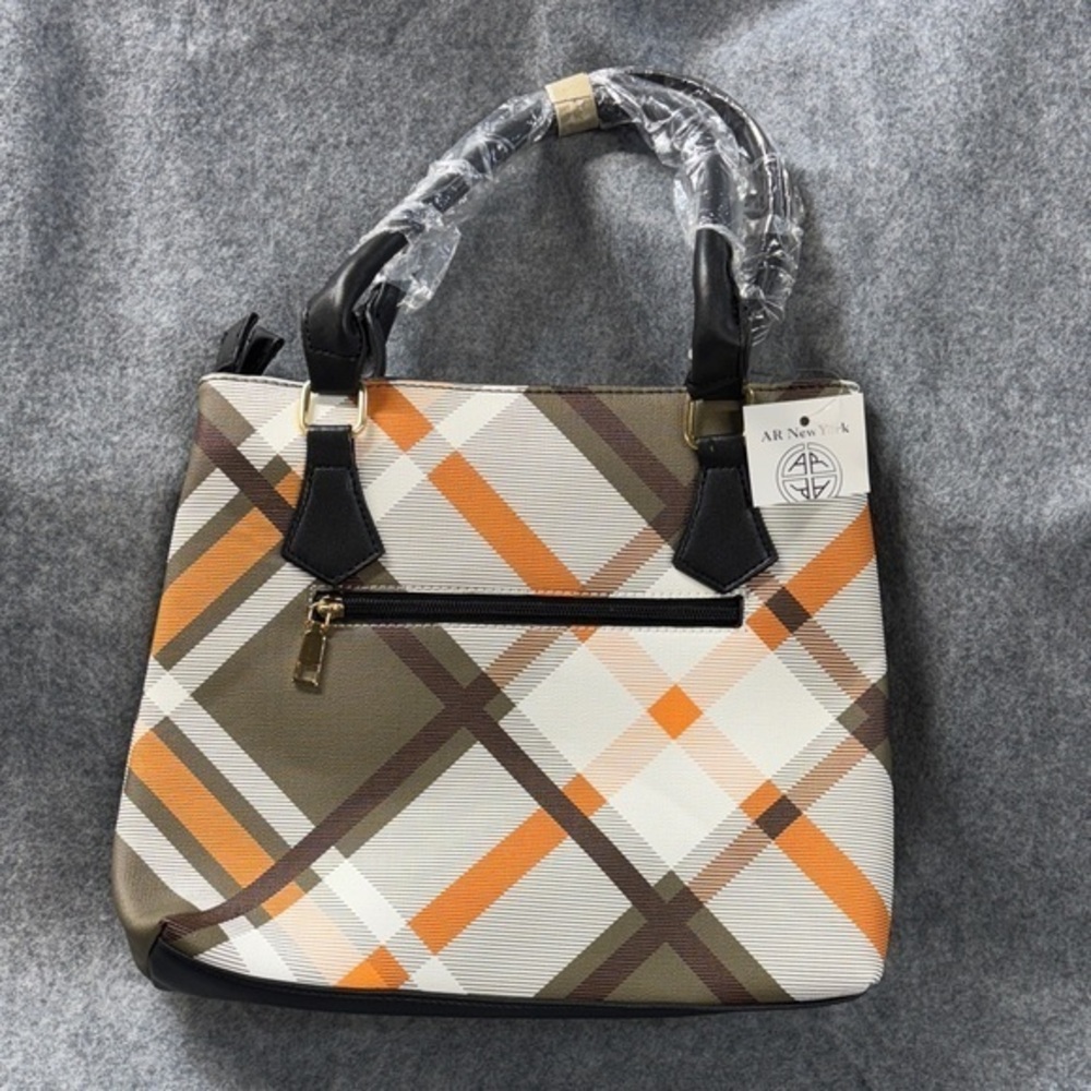 AR New York Plaid Tote purse or crossbody - Orange blk white olive colored bag